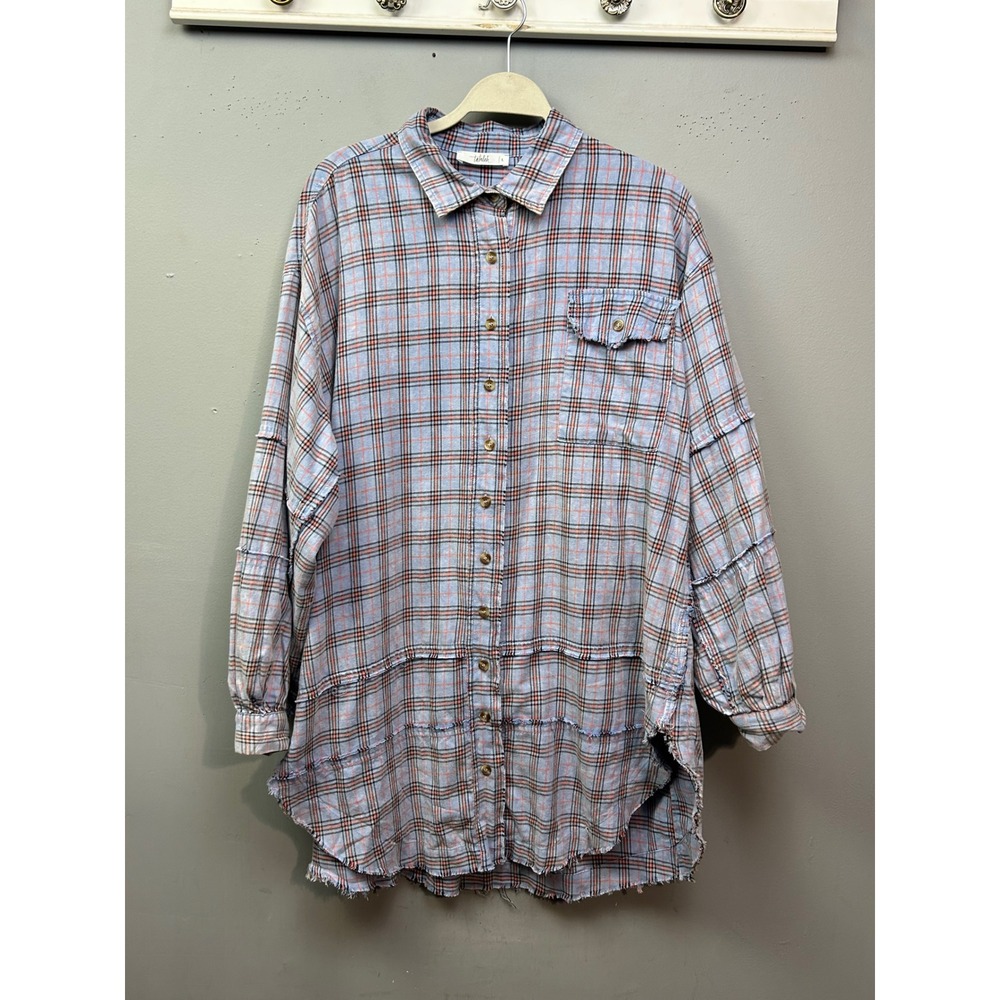 Tahulah Plaid Shirt Womens Large Blue‎ Orange Oversized Distressed Raw Hem Tier